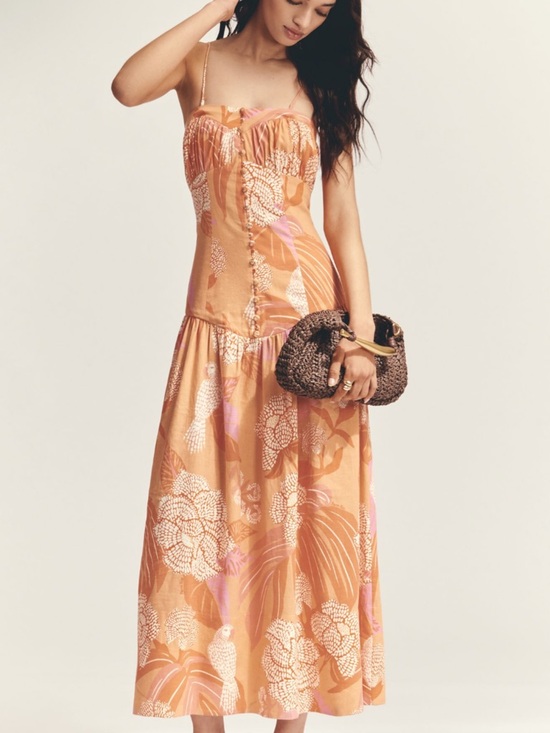 FARM Rio Dresses & Skirts - Farm Rio x Anthropologie Linen Blend Strapless
Drop-Waist Maxi Dress in Aurora